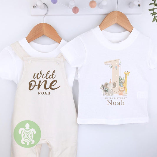 Safari Wild One Personalised Embroidered Birthday Oat Fleece Dungarees, 1st Party Outfit with Brown Print, Childs Clothing, Birthday Outfit