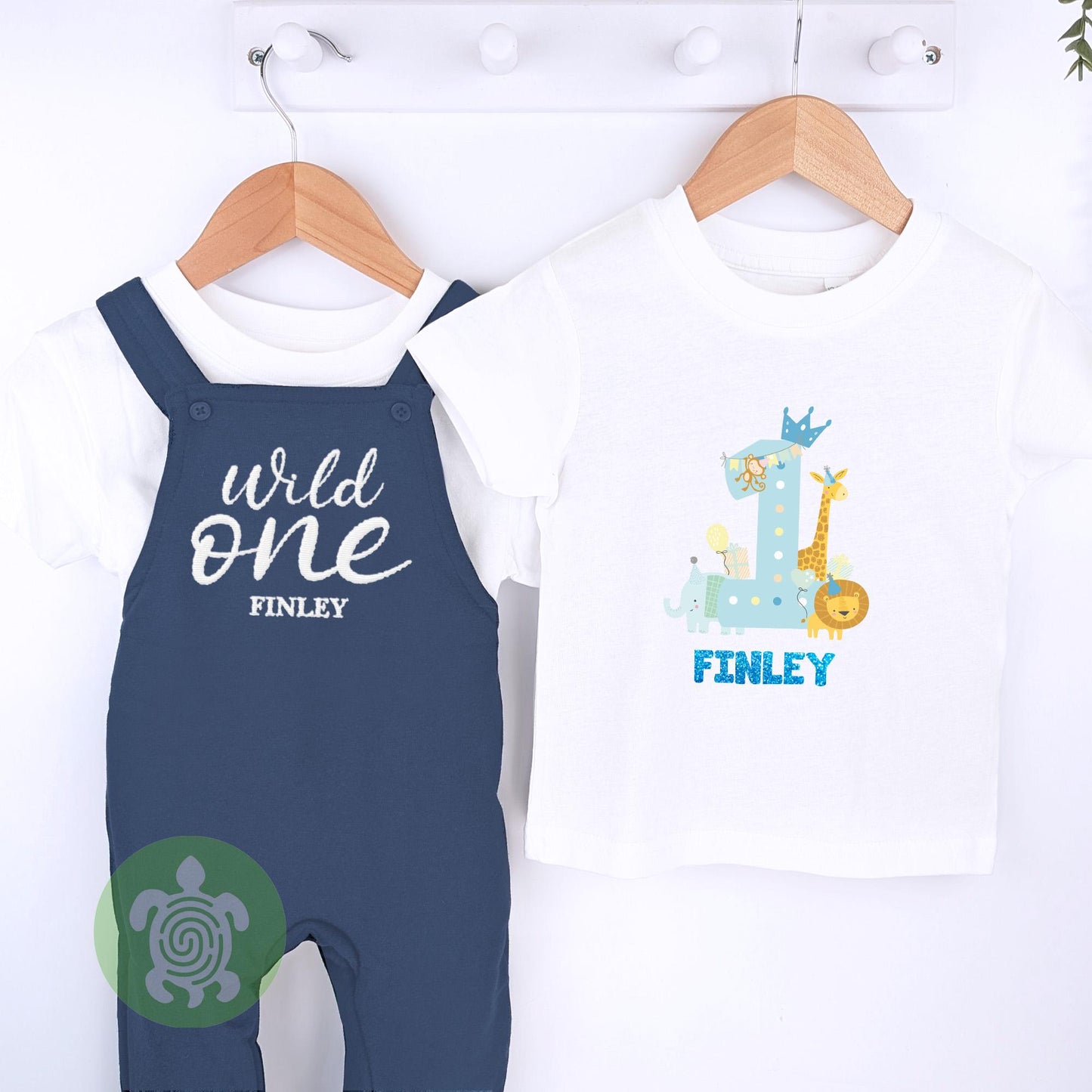 Wild One Personalised Embroidered Birthday Navy Fleece Dungarees, 1st Party Outfit with Print, Childs Clothing, Birthday Outfit