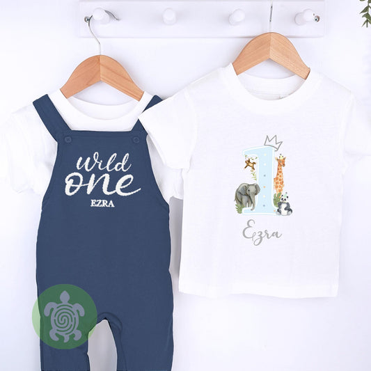 Wild One Personalised Embroidered Birthday Navy Fleece Dungarees, 1st Party Outfit with Print, Childs Clothing, Birthday Outfit