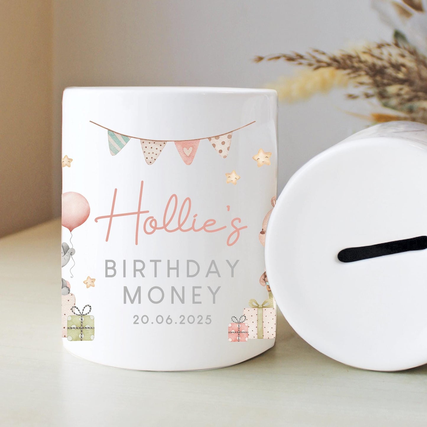 Personalised Birthday Money Box, Nursery Animals Decor, Teddy & Elephant Theme, New Baby Gift, First Birthday, Birthday Gift, Keepsake Gift
