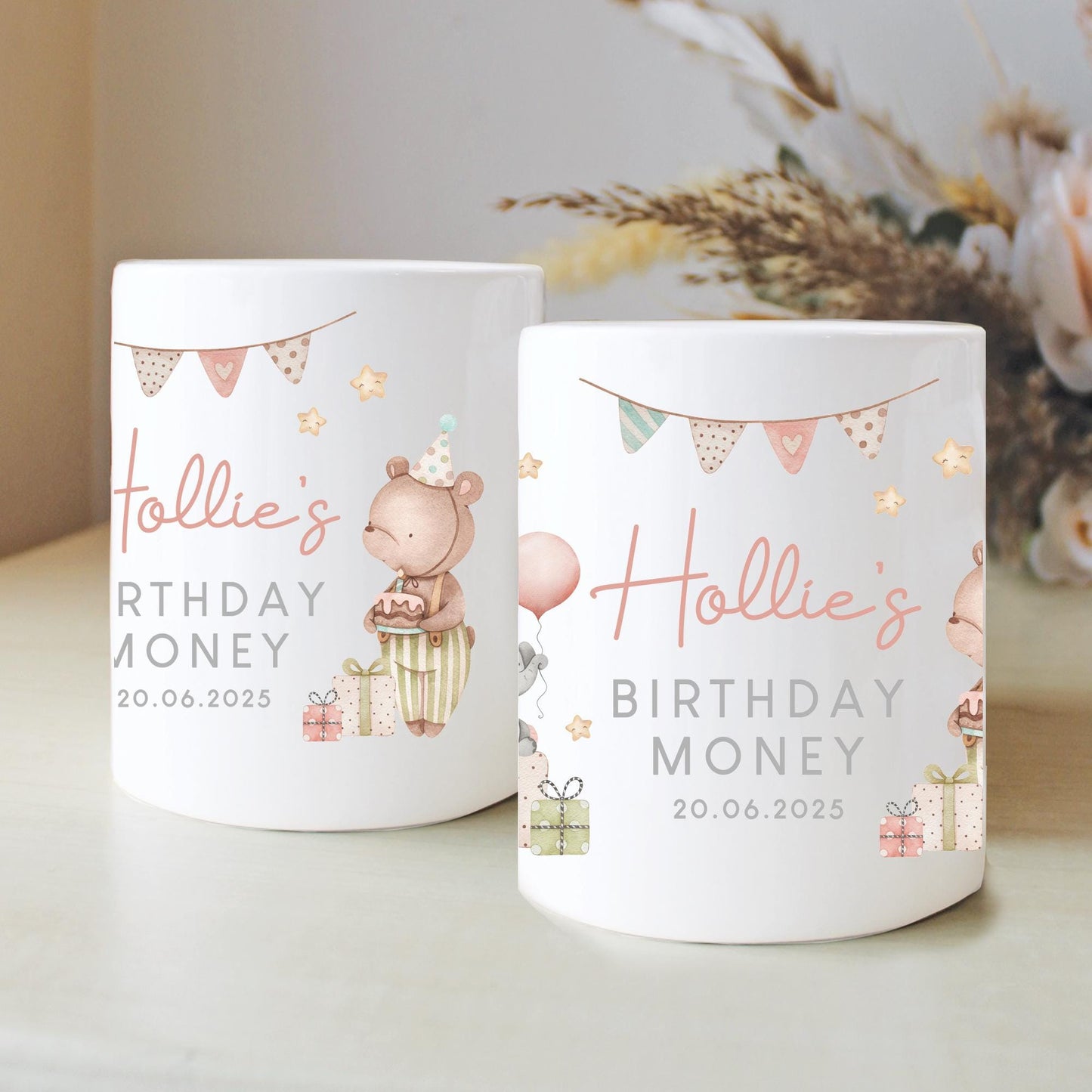 Personalised Birthday Money Box, Nursery Animals Decor, Teddy & Elephant Theme, New Baby Gift, First Birthday, Birthday Gift, Keepsake Gift
