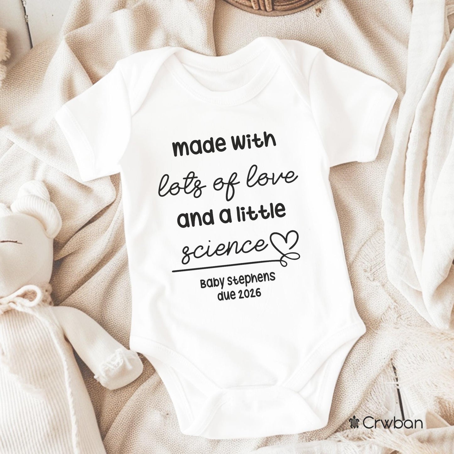 Personalised Made with Love, IVF Baby Pregnancy Announcement, Surname, Miracle Baby, Unisex White Babygrow Gift, Baby Shower