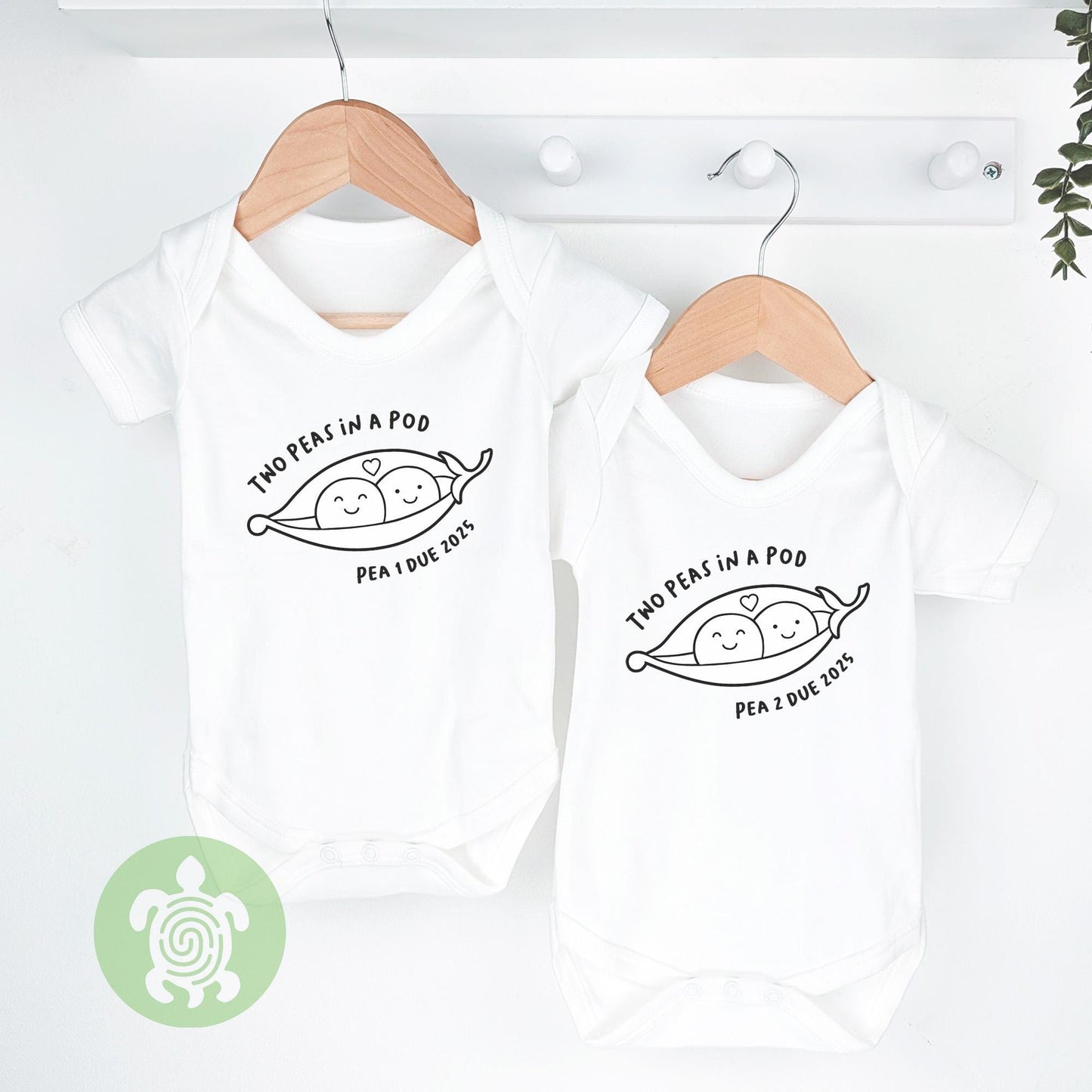 Two Peas in a Pod Personalised Twins Announcement, Little Bodysuit with Personalised Due Date, Matching Set Gift, Newborn Gift