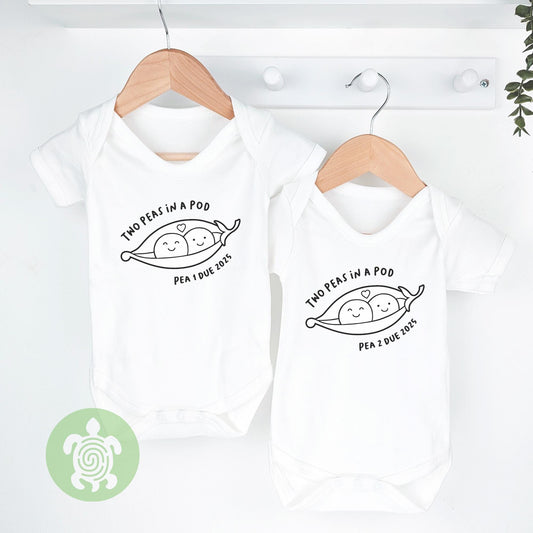 Two Peas in a Pod Personalised Twins Announcement, Little Bodysuit with Personalised Due Date, Matching Set Gift, Newborn Gift
