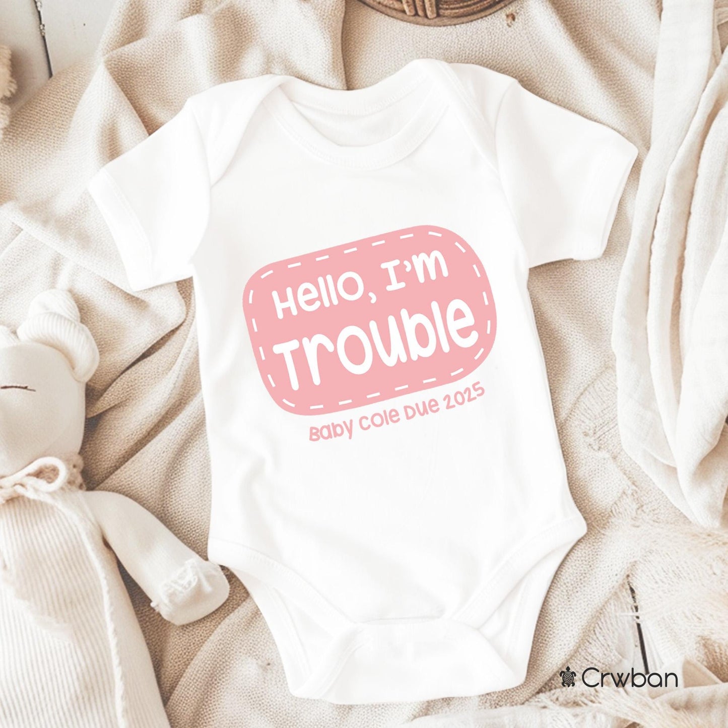Double Trouble Personalised Twins Announcement, Little Bodysuit with Personalised Surname and Due Date, Matching Set Gift, Newborn Gift