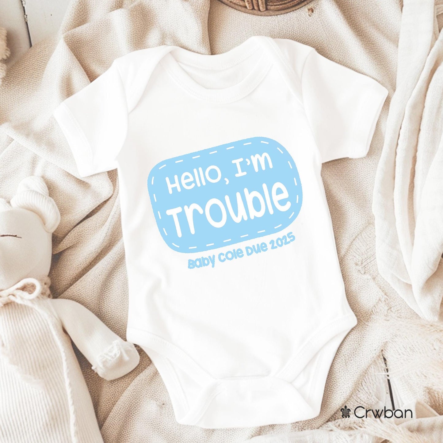 Double Trouble Personalised Twins Announcement, Little Bodysuit with Personalised Surname and Due Date, Matching Set Gift, Newborn Gift