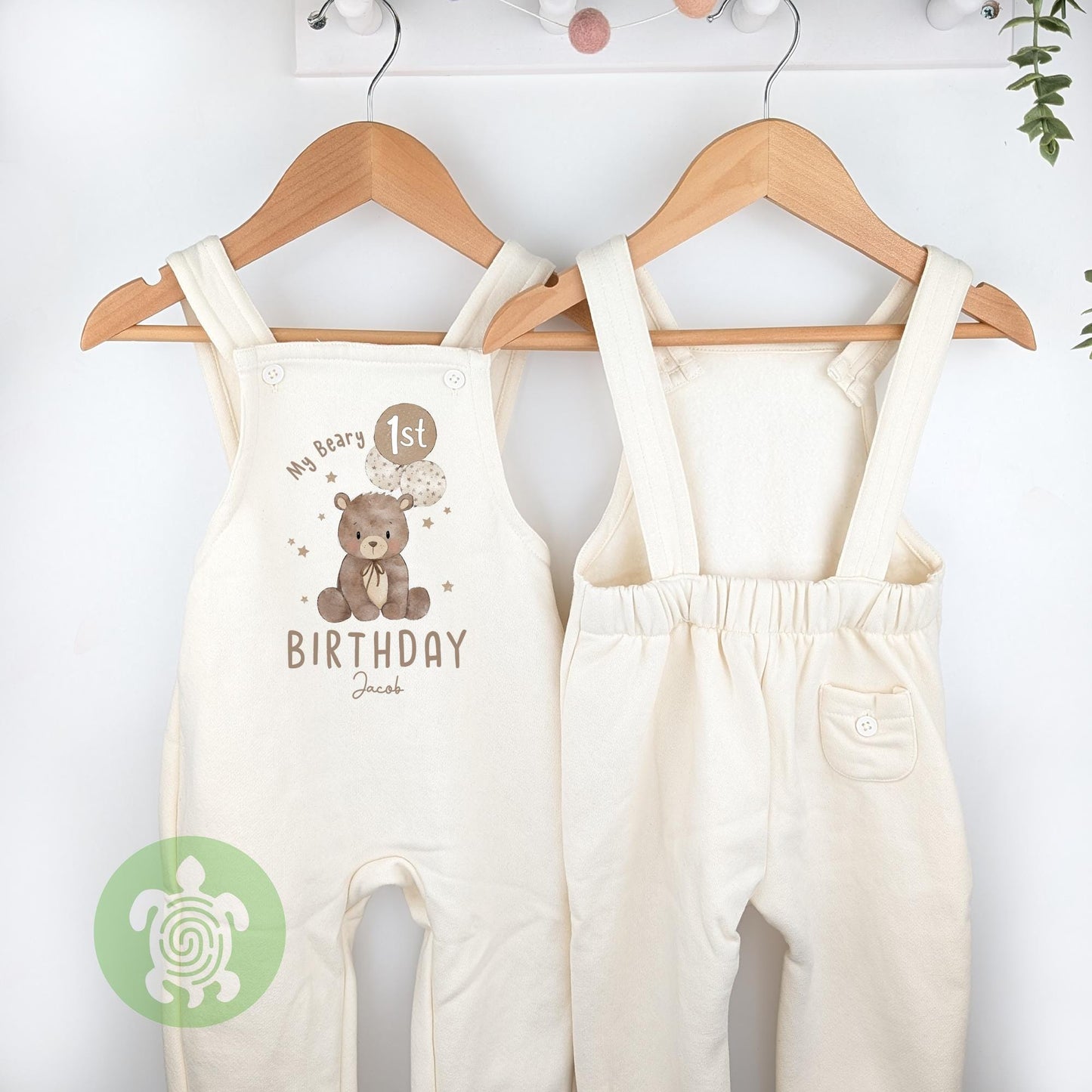 Personalised My Beary 1st Birthday Oat Fleece Dungarees, First Party Outfit with Brown Print, Childs Clothing, Birthday Outfit, Bear Theme