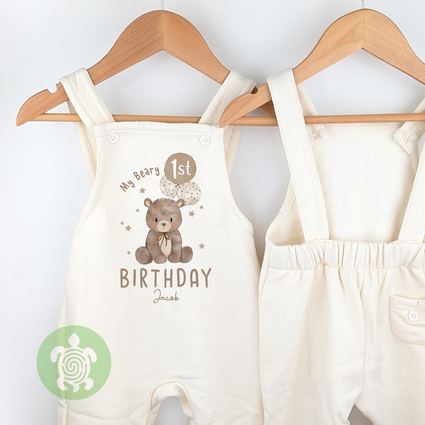 Personalised My Beary 1st Birthday Oat Fleece Dungarees, First Party Outfit with Brown Print, Childs Clothing, Birthday Outfit, Bear Theme