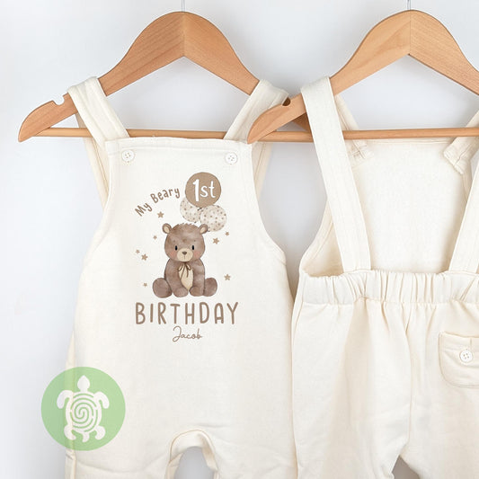 Personalised My Beary 1st Birthday Oat Fleece Dungarees, First Party Outfit with Brown Print, Childs Clothing, Birthday Outfit, Bear Theme