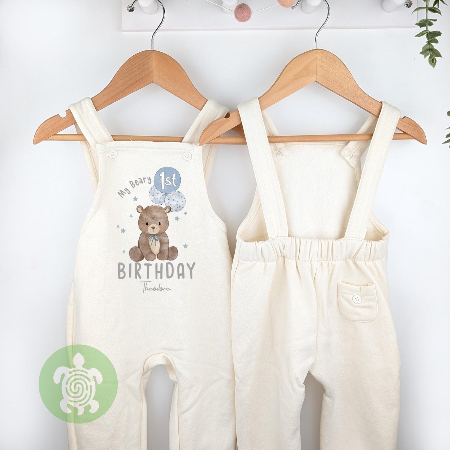 Personalised Blue My Beary 1st Birthday Oat Fleece Dungarees, First Party Outfit with Brown Print, Childs Clothing, Birthday Outfit, Bear
