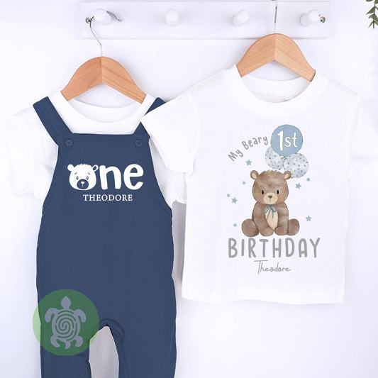 Personalised Beary 1st Birthday Embroidered Outfit Navy Fleece Dungarees, 1st Party Outfit, Childs Clothing, Birthday Outfit, Bear Themed