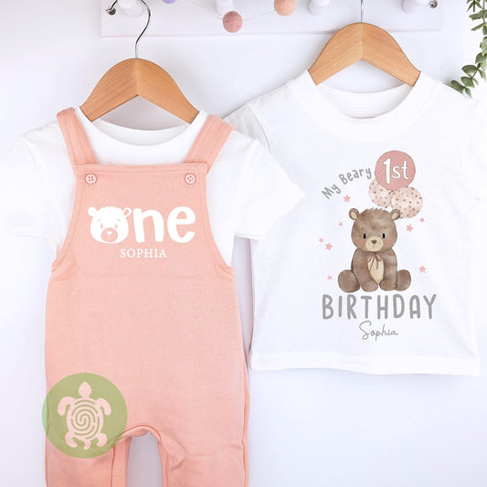 Personalised Beary 1st Birthday Embroidered Outfit Pink Fleece Dungarees, 1st Party Outfit, Childs Clothing, Birthday Outfit, Bear Themed