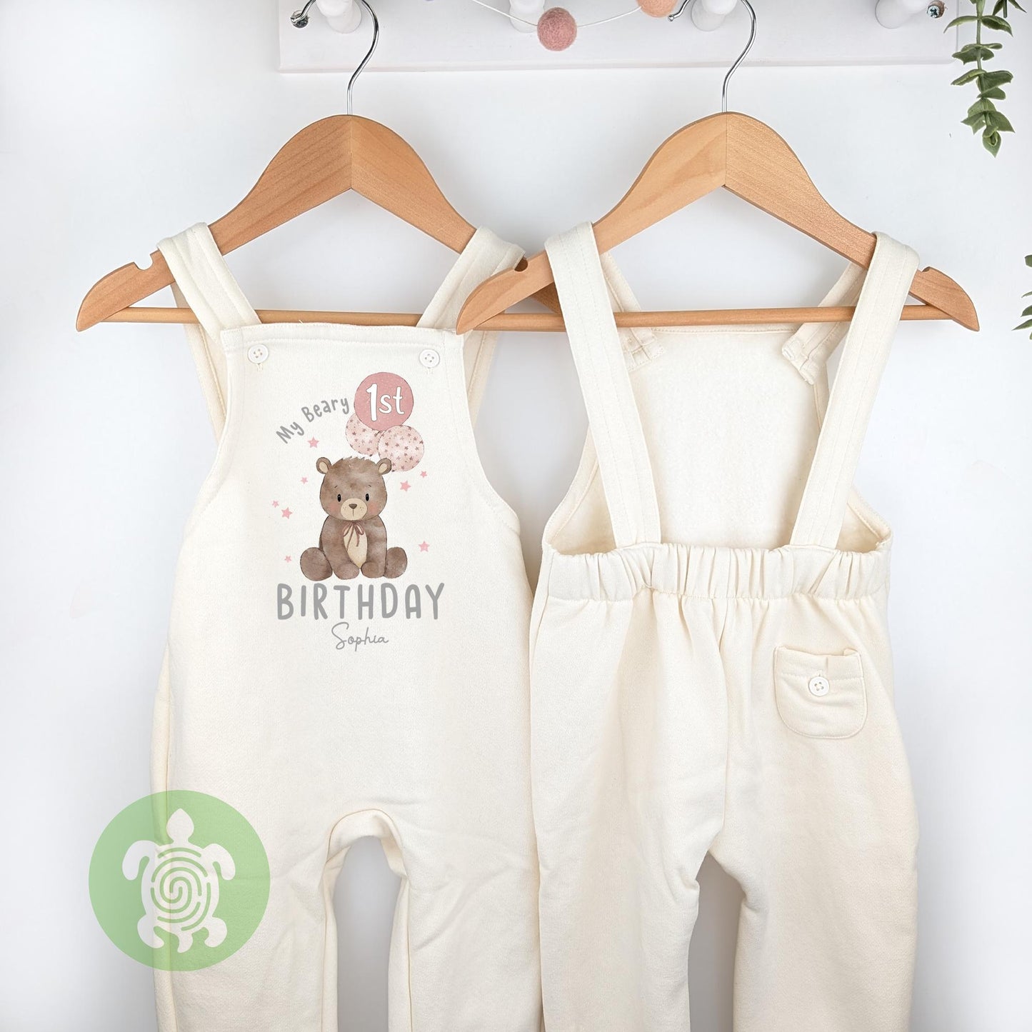 Personalised Pink My Beary 1st Birthday Oat Fleece Dungarees, First Party Outfit with Brown Print, Childs Clothing, Birthday Outfit, Bear