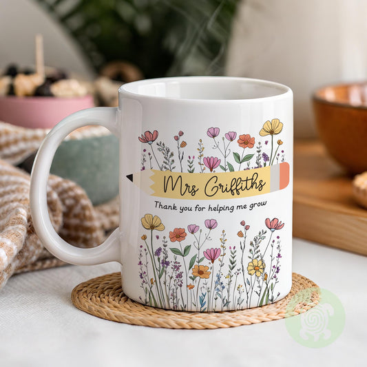 Personalised Wild Flowers Teacher Pencil Thank You Gift, Teacher Mug With Name, Teacher Appreciation Gift, End of Term Gift, Nursery Gift