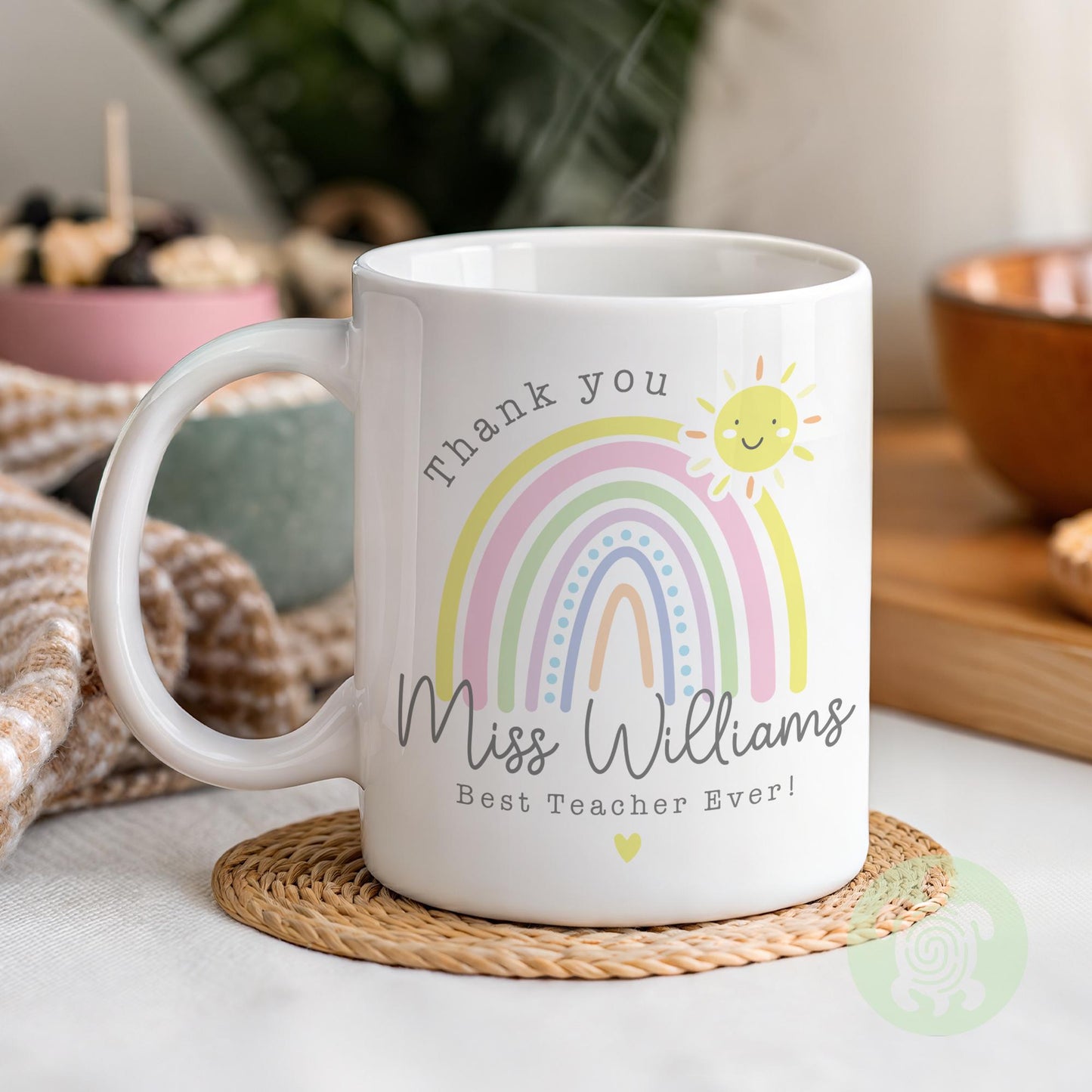 Personalised Thank you Sun Rainbow Teacher Gift, Teacher Mug With Name, Teacher Appreciation Gift, End of Term Gift, Nursery teacher Gift