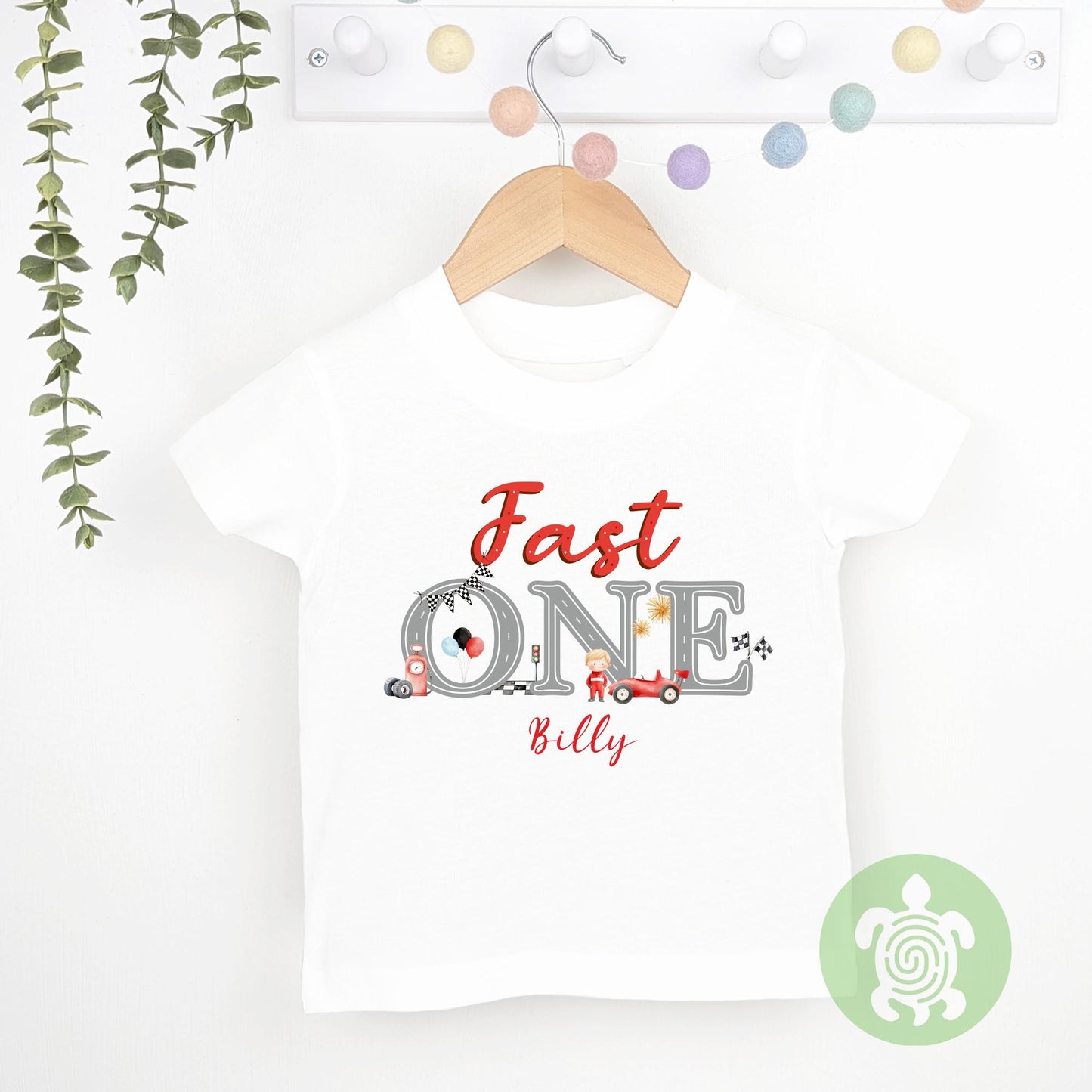Fast One Theme Race Car 1st Birthday Party T-shirt Top, Personalised First Birthday design with Red Print Children's Tee, Birthday Boy, 1st