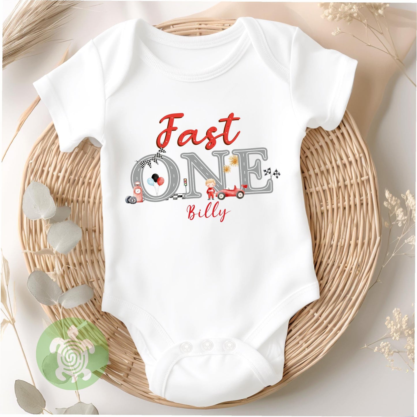 Fast One Theme Race Car 1st Birthday Party T-shirt Top, Personalised First Birthday design with Red Print Children's Tee, Birthday Boy, 1st