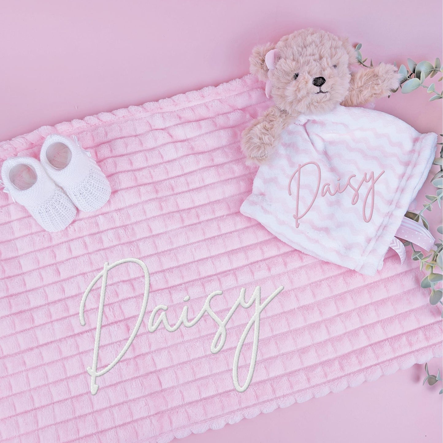 Embroidered Pink Teddy Bear Comforter Blanket Gift Set | Baby Shower Gift | Baby Booties | Baby Gift | Newborn Baby Girl | Newborn Baby Gift