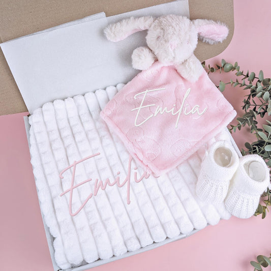 Embroidered Pink Fluffy Bunny Comforter Blanket Gift Set | Baby Shower Gift |Baby Booties| Baby Gift | Newborn Baby Girl | Newborn Baby Gift