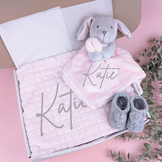 Embroidered Pink Grey Rabbit Comforter Blanket Gift Set | Baby Shower Gift | Baby Booties | Baby Gift | Newborn Baby Girl | Newborn Gift