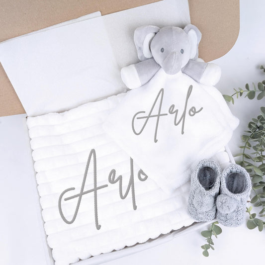 Embroidered White Elephant Comforter Blanket Gift Set | Baby Shower Gift | Baby Booties | Baby Gift | Newborn Girl Boy | Newborn Baby Gift