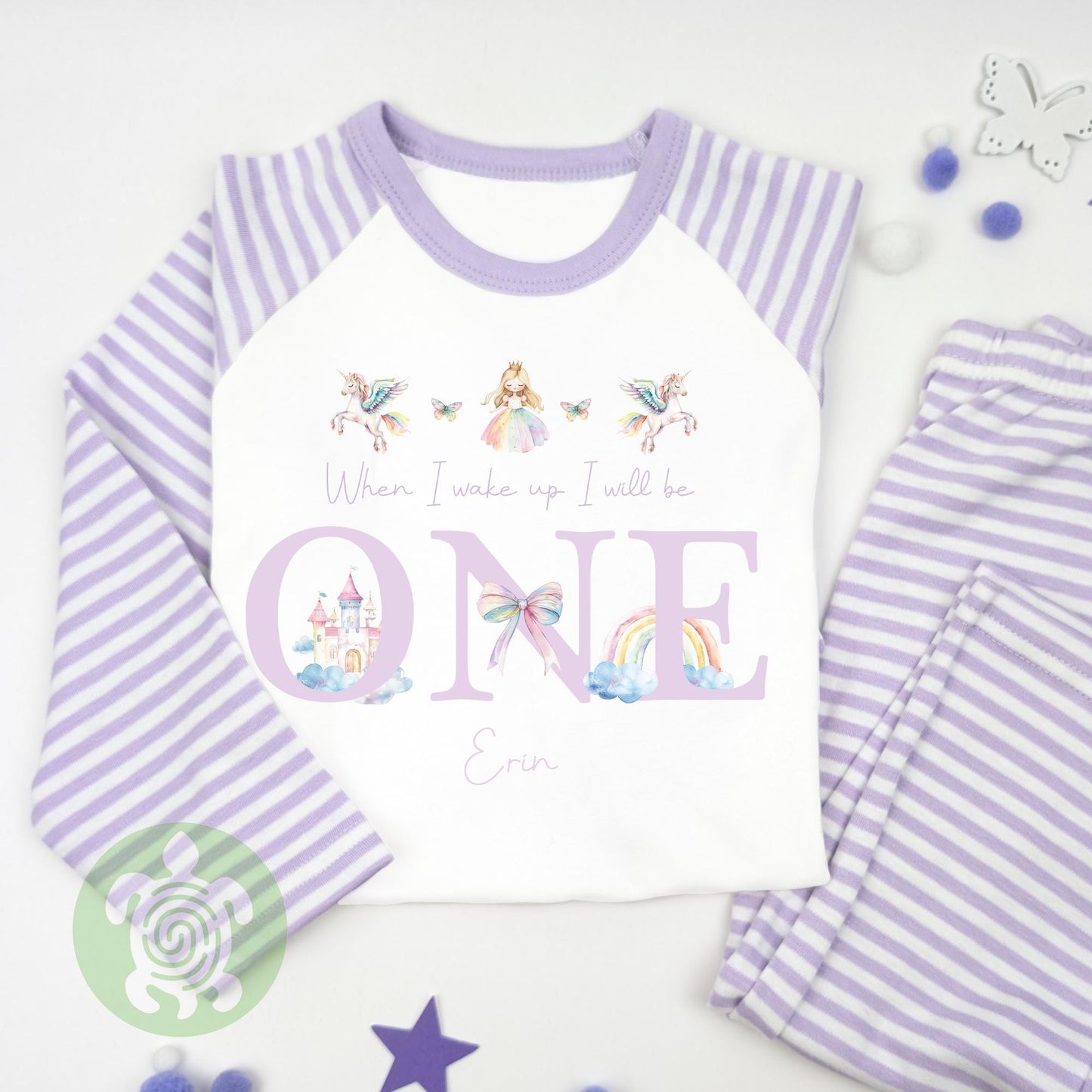 Purple Three Rainbow Unicorns When I Wake Personalised Kids Outfit, Birthday Morning Custom Name Cotton Clothing Set, Tight-fitting style