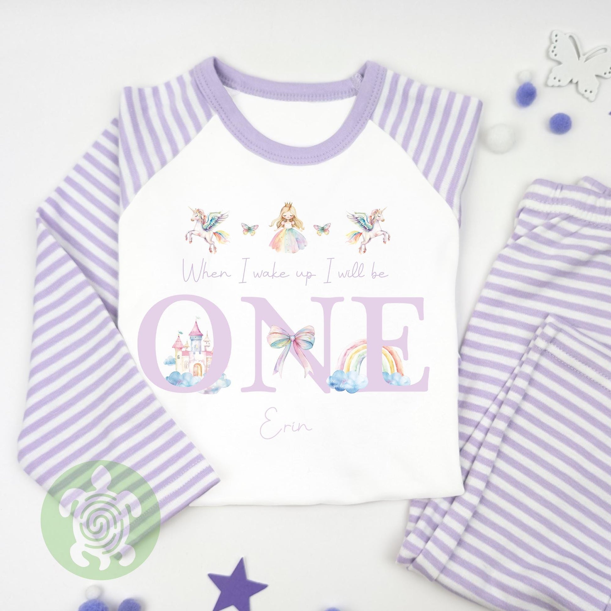 Purple Three Rainbow Unicorns When I Wake Personalised Kids Outfit, Birthday Morning Custom Name Cotton Clothing Set, Tight-fitting style