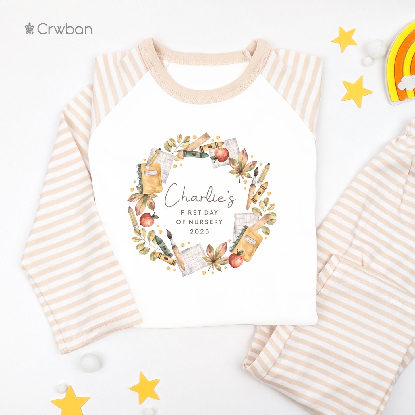 Personalised Starting School Watercolour Wreath, Back to School Pyjama's, First day of Nursery, Reception, First Day of School Nightwear