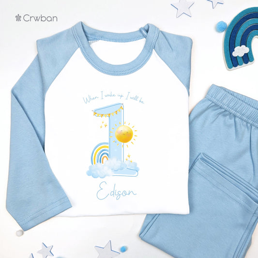 Blue Sunshine Any Age When I Wake Up Birthday Personalised Kids Outfit, Morning Set, Custom Name Cotton Clothing Set, Tight-fitting style