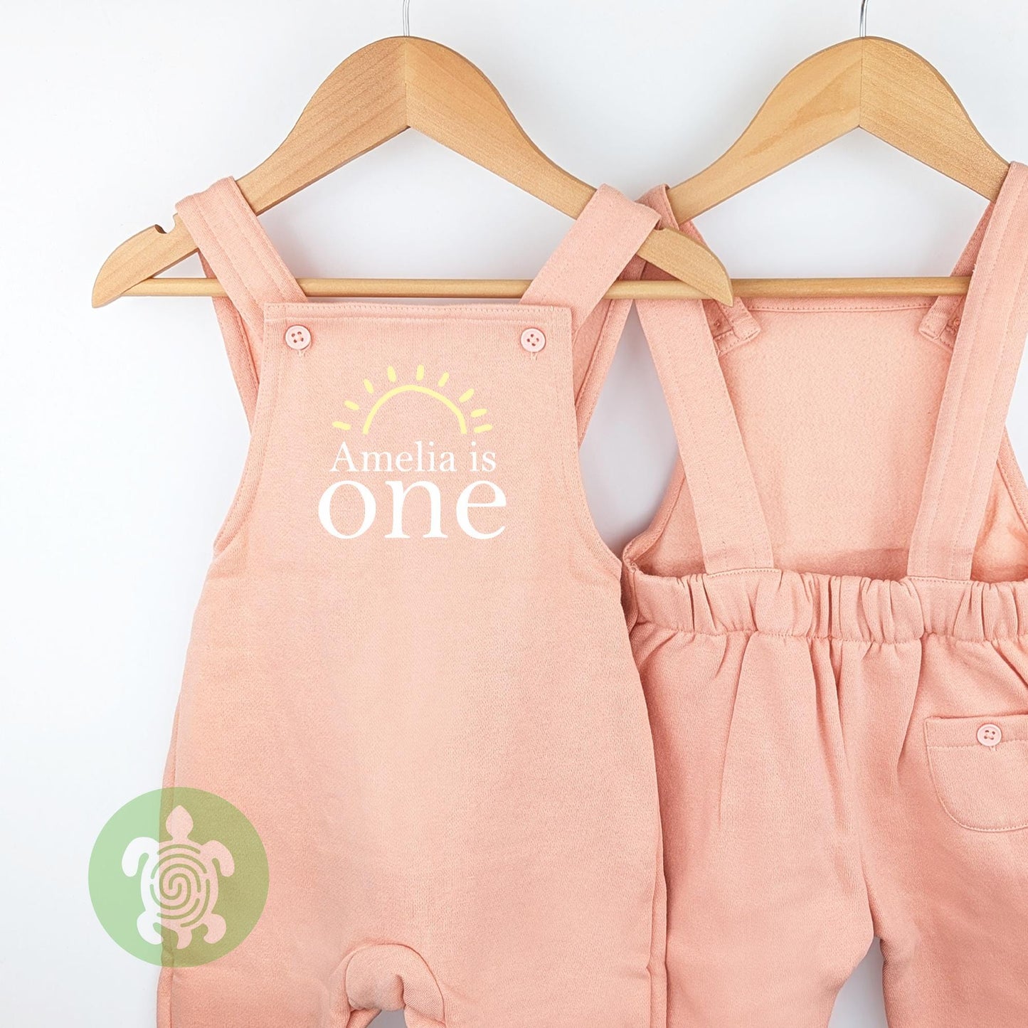 Personalised Pink First Trip Around the Sun, Sunshine Embroidered Birthday Dusty Pink Fleece Dungarees, 1st Party Outfit, Birthday Outfit