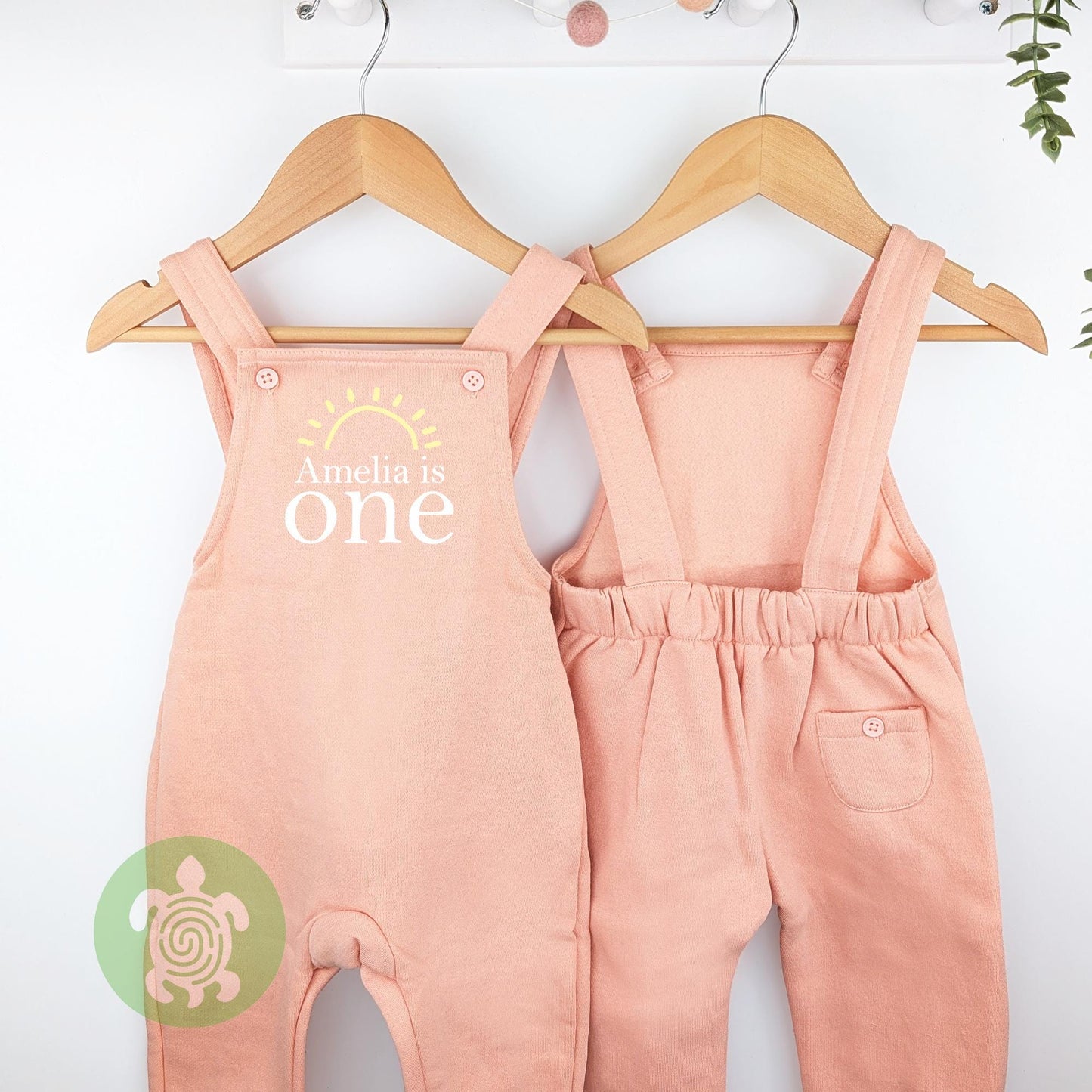 Personalised Pink First Trip Around the Sun, Sunshine Embroidered Birthday Dusty Pink Fleece Dungarees, 1st Party Outfit, Birthday Outfit