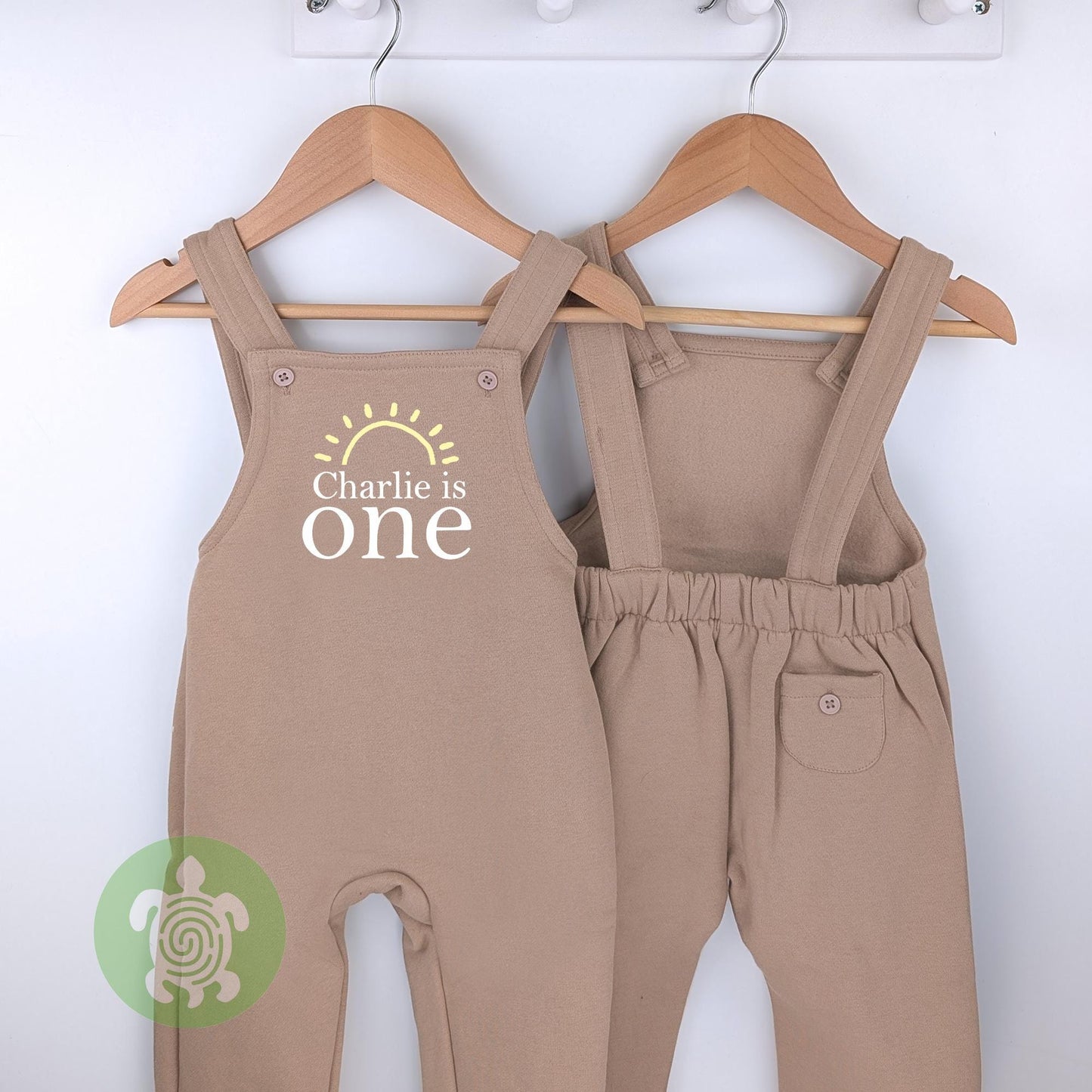 Personalised Beige First Trip Around the Sun, Sunshine Embroidered Birthday Tan Fleece Dungarees, 1st Party Outfit, Birthday Outfit
