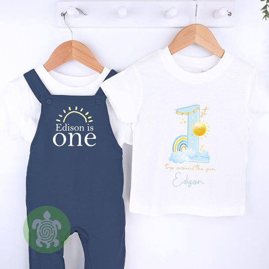 Personalised Blue First Trip Around the Sun, Sunshine Embroidered Birthday Navy Fleece Dungarees, 1st Party Outfit, Birthday Outfit