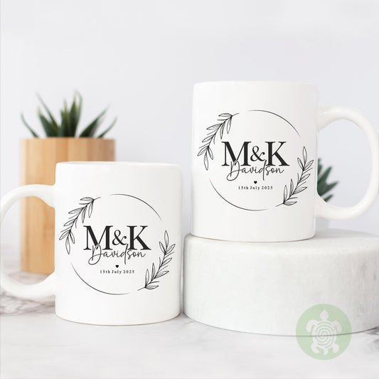 Personalised Mr & Mrs Black Wreath Wedding Mugs, Couple Coffee Tea Mug, Wedding or Anniversary Mug, Bride and Groom Mug Set, Coaster Set
