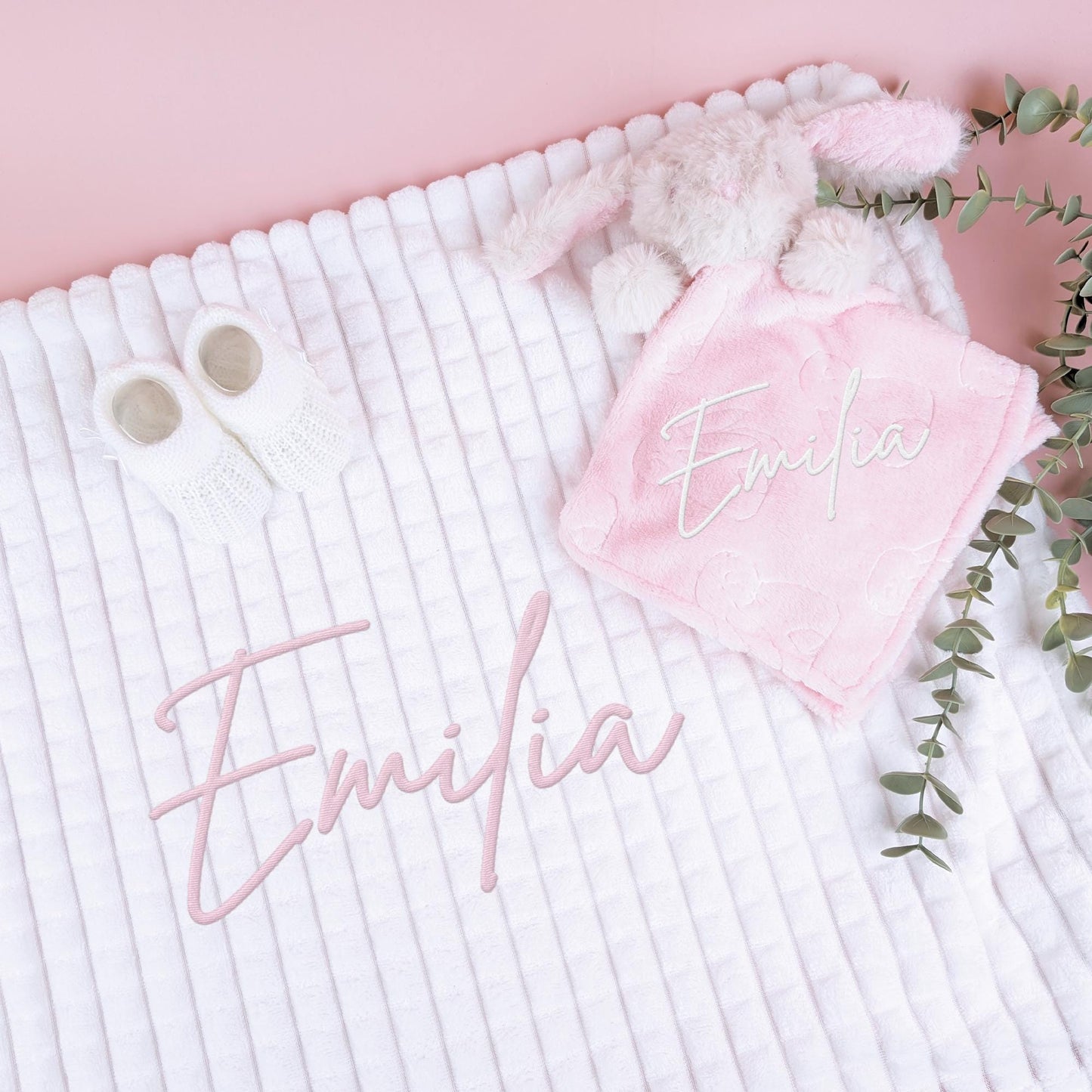 Embroidered Pink Fluffy Bunny Comforter Blanket Gift Set | Baby Shower Gift |Baby Booties| Baby Gift | Newborn Baby Girl | Newborn Baby Gift