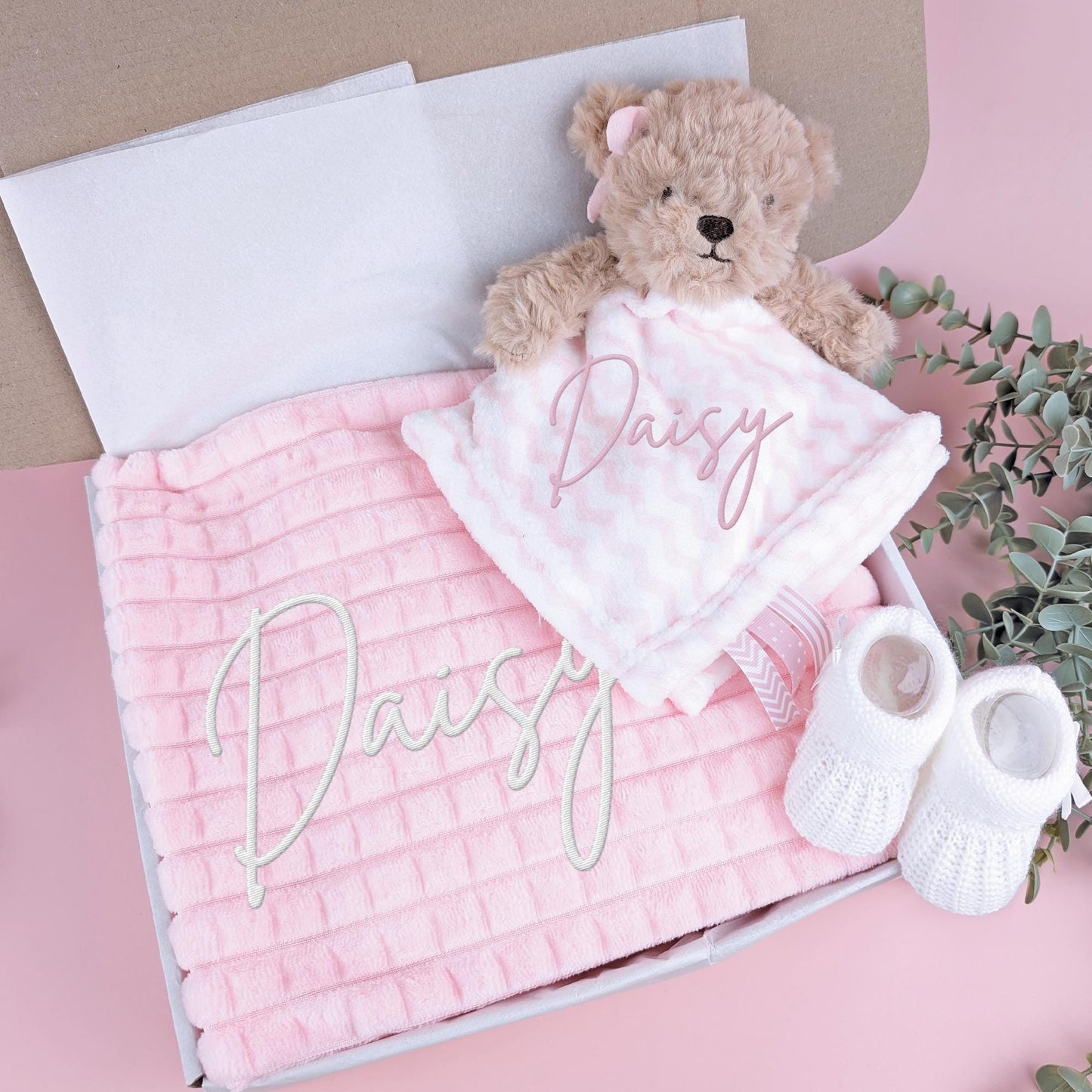 Embroidered Pink Teddy Bear Comforter Blanket Gift Set | Baby Shower Gift | Baby Booties | Baby Gift | Newborn Baby Girl | Newborn Baby Gift