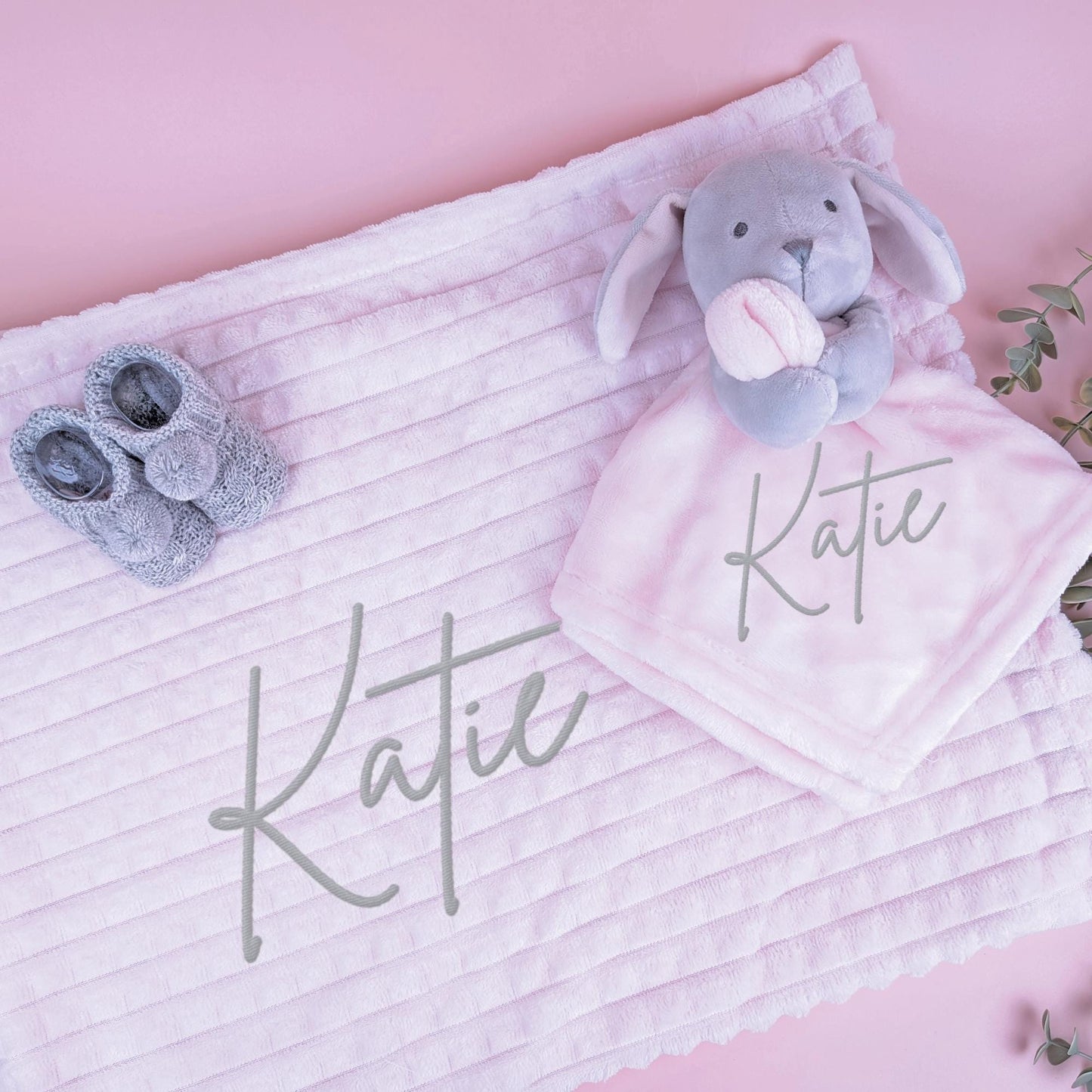 Embroidered Pink Grey Rabbit Comforter Blanket Gift Set | Baby Shower Gift | Baby Booties | Baby Gift | Newborn Baby Girl | Newborn Gift
