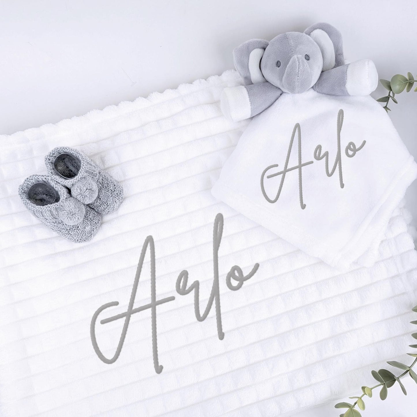 Embroidered White Elephant Comforter Blanket Gift Set | Baby Shower Gift | Baby Booties | Baby Gift | Newborn Girl Boy | Newborn Baby Gift