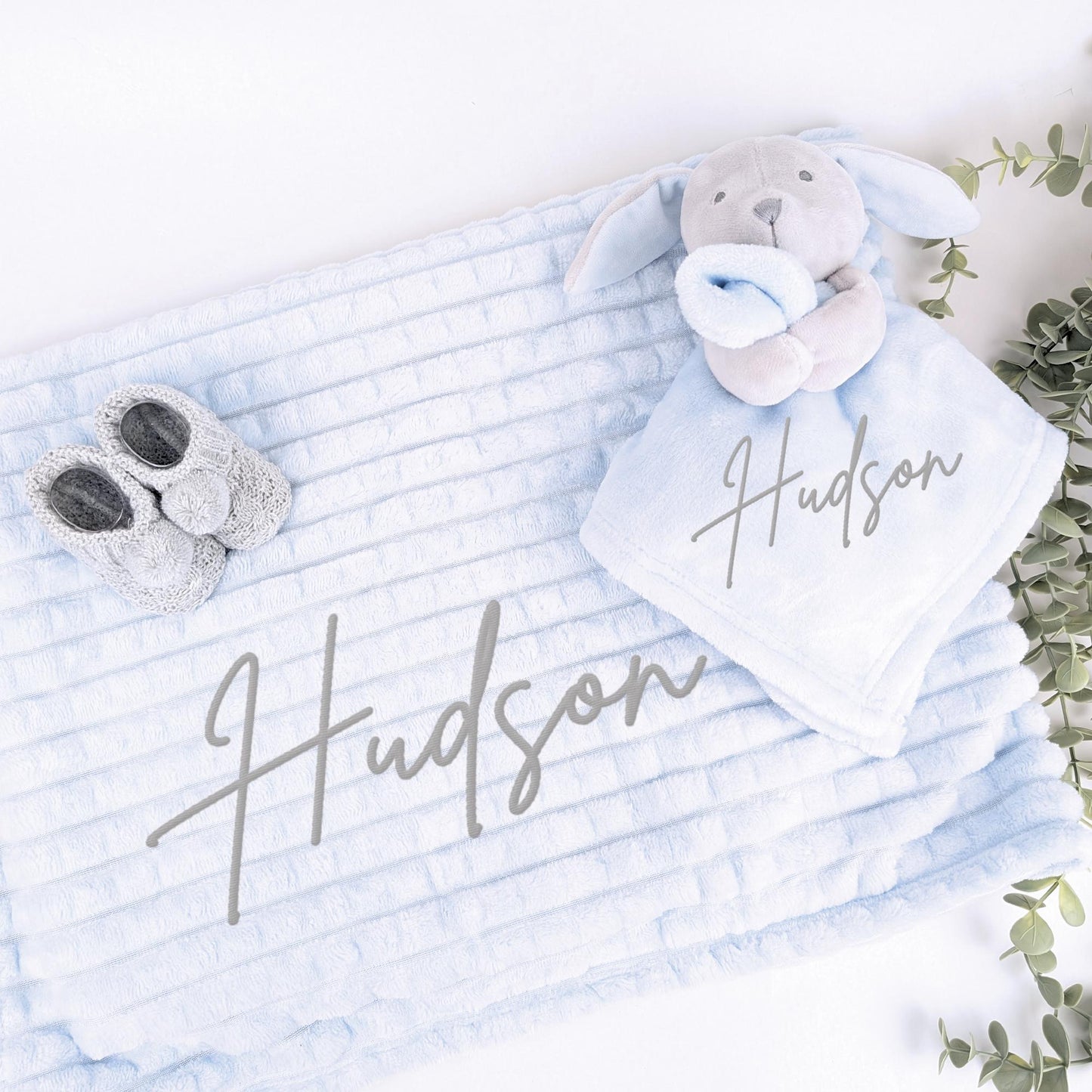 Embroidered Blue Grey Rabbit Comforter Blanket Gift Set | Baby Shower Gift | Baby Booties | Baby Gift | Newborn Girl Boy | Newborn Baby Gift