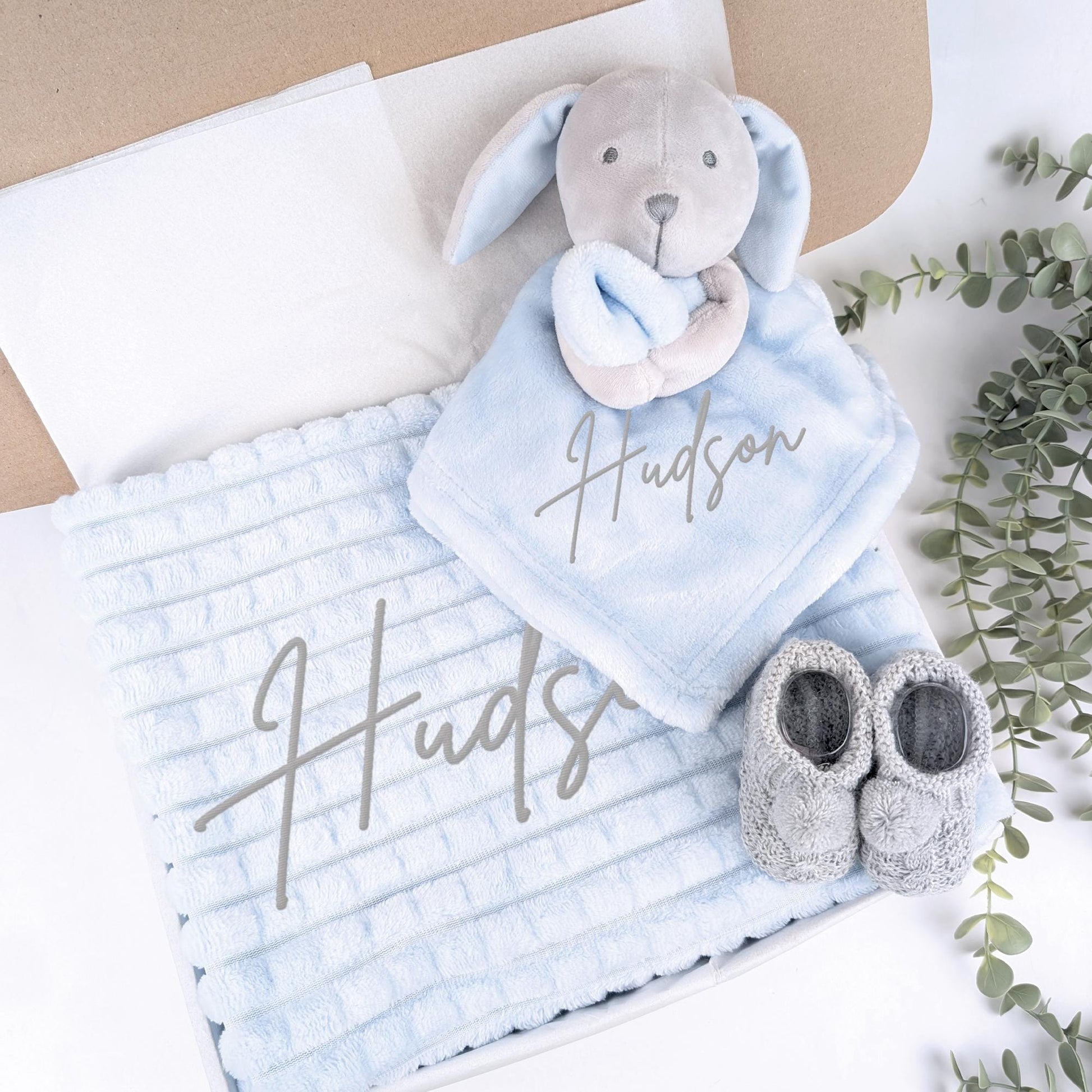 Embroidered Blue Grey Rabbit Comforter Blanket Gift Set | Baby Shower Gift | Baby Booties | Baby Gift | Newborn Girl Boy | Newborn Baby Gift