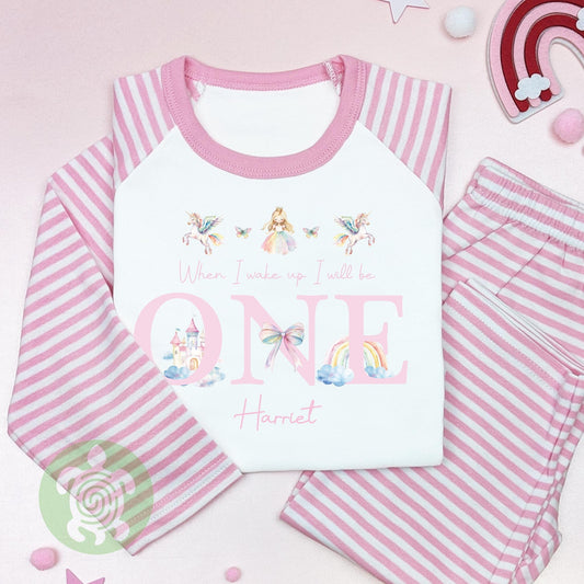 Pink Three Rainbow Unicorns Any Age Personalised Kids Outfit, Birthday Morning Set, Custom Name Cotton Clothing Set, Tight-fitting style