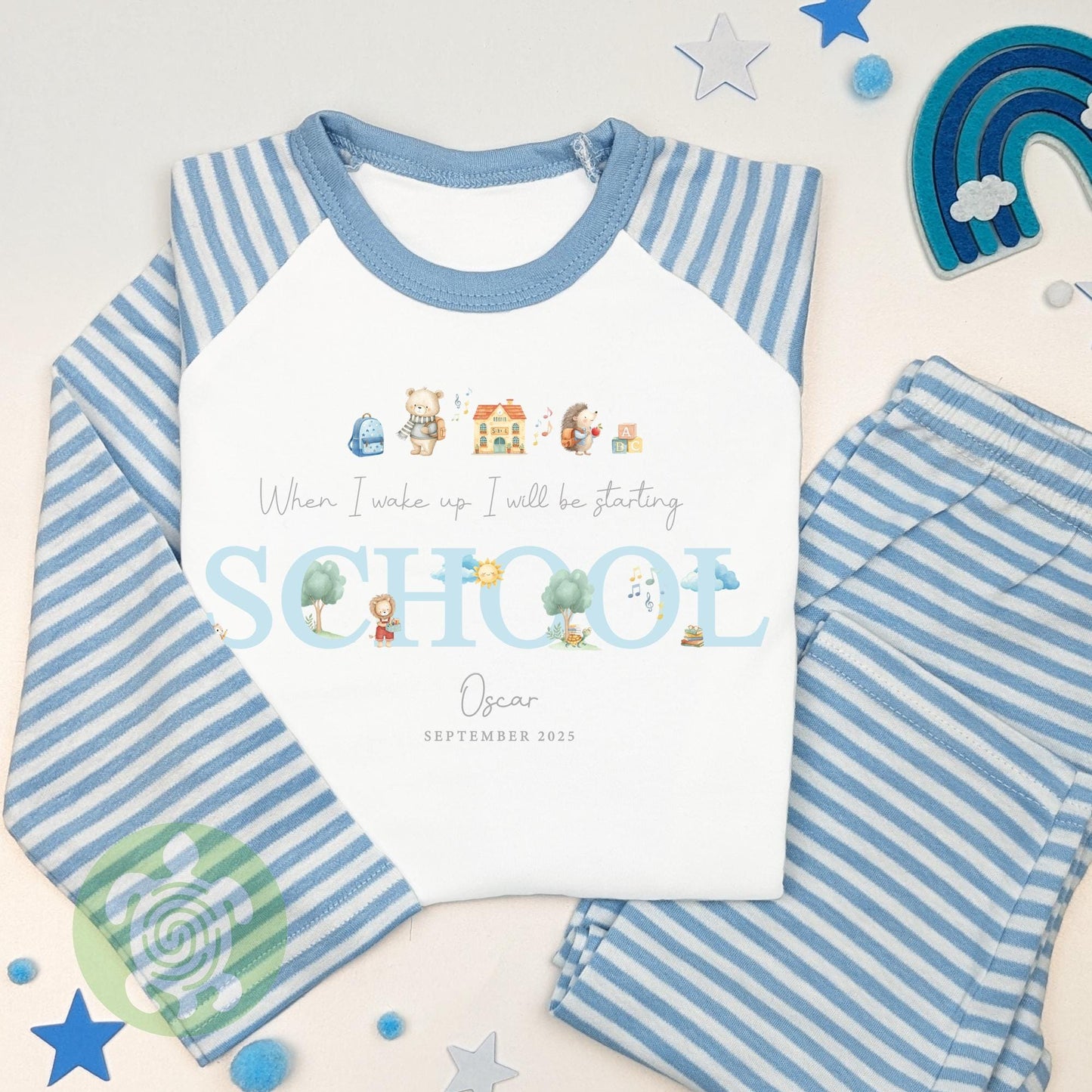 Personalised Starting School Animals Childrens' Pyjamas, Back to School, First day of School Blue Pyjamas, First Day of School Nightwear