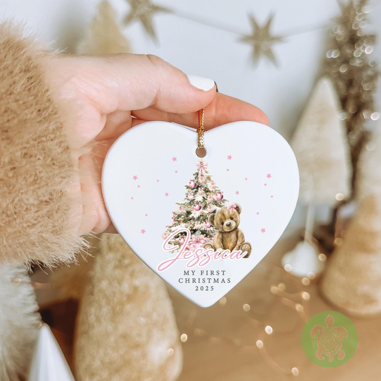 Personalised Pink Teddy Baby's First Christmas Ornament | Ceramic Bauble | Custom Newborn Gift | 1st Xmas Tree Decoration | Keepsake 2025