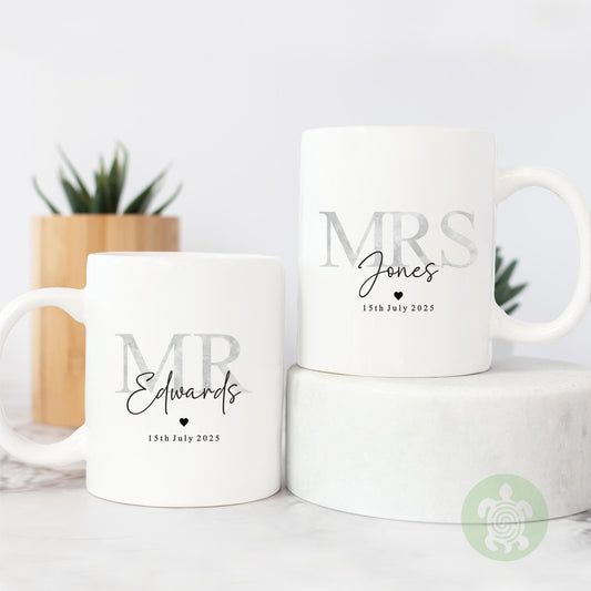 Personalised Mr & Mrs Wedding Mug, Grey Marble effect Love Heart, Couple Coffee Tea Mug, Wedding or Anniversary Mug, Bride and Groom Mug Set