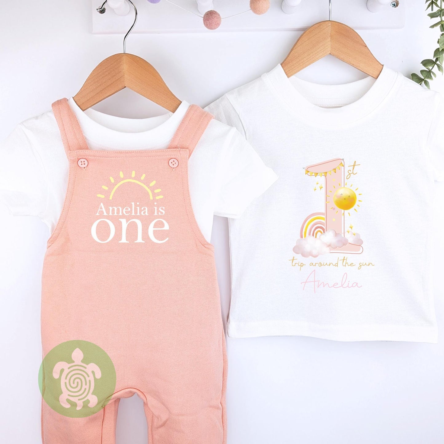 Personalised Pink First Trip Around the Sun, Sunshine Embroidered Birthday Dusty Pink Fleece Dungarees, 1st Party Outfit, Birthday Outfit
