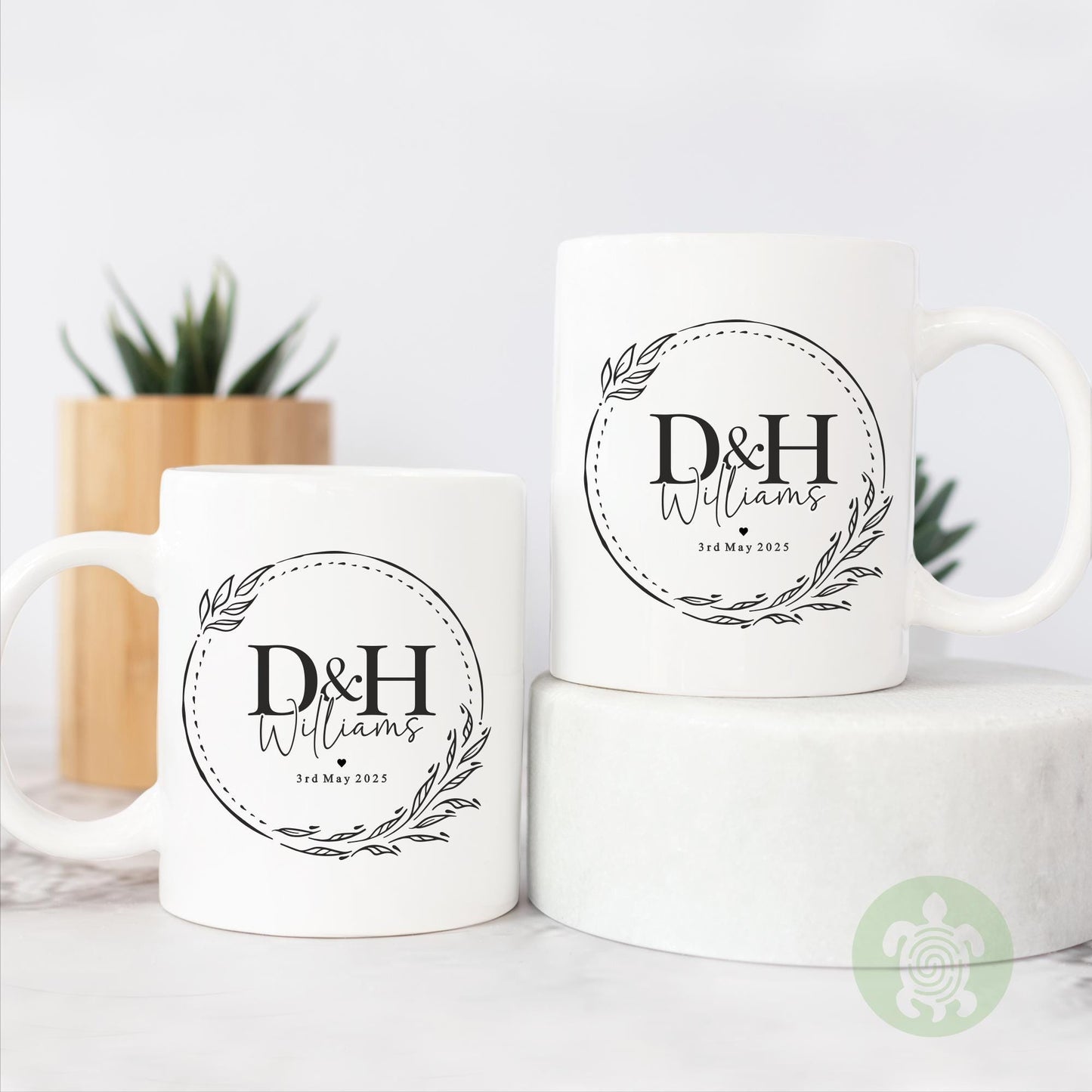 Personalised Mr & Mrs Black Wreath Wedding Mugs, Couple Coffee Tea Mug, Wedding or Anniversary Mug, Bride and Groom Mug Set, Coaster Set
