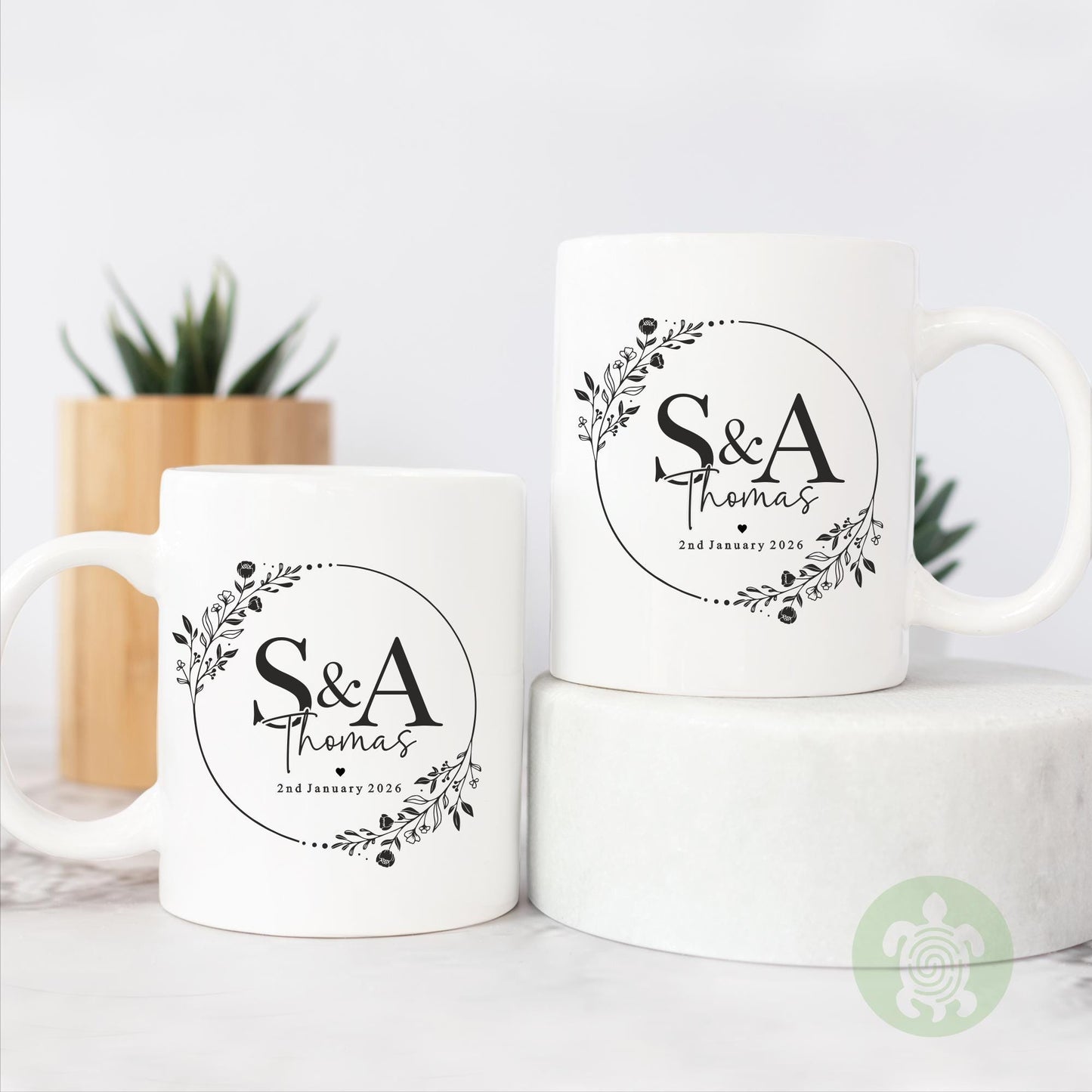 Personalised Mr & Mrs Black Wreath Wedding Mugs, Couple Coffee Tea Mug, Wedding or Anniversary Mug, Bride and Groom Mug Set, Coaster Set