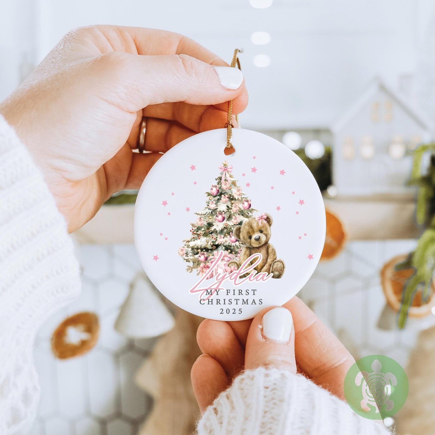 Personalised Pink Teddy Baby's First Christmas Ornament | Ceramic Bauble | Custom Newborn Gift | 1st Xmas Tree Decoration | Keepsake 2025