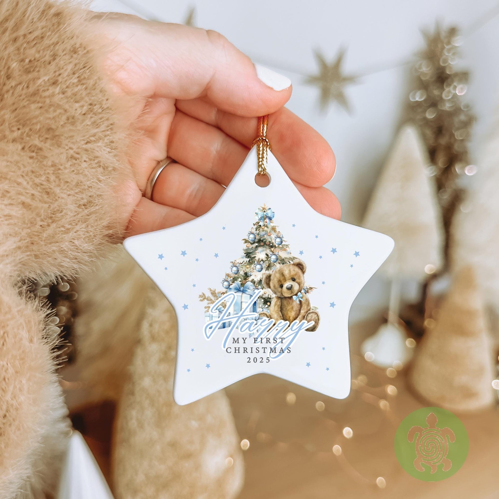 Personalised Blue Teddy Baby's First Christmas Ornament | Ceramic Bauble | Custom Newborn Gift | 1st Xmas Tree Decoration | Keepsake 2025