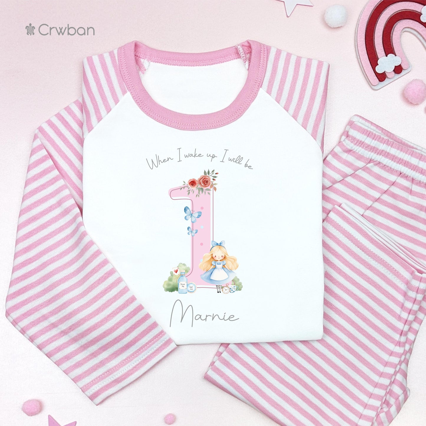 Alice in Wonderland Personalised Children's Pyjamas, Any Age, When I Wake Up, Birthday Girl, 1st 2nd, Birthday Eve, Pink, Purple, Sage, Blue
